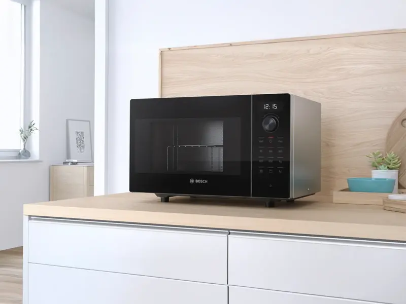 Bosch freestanding microwave on a kitchen worktop